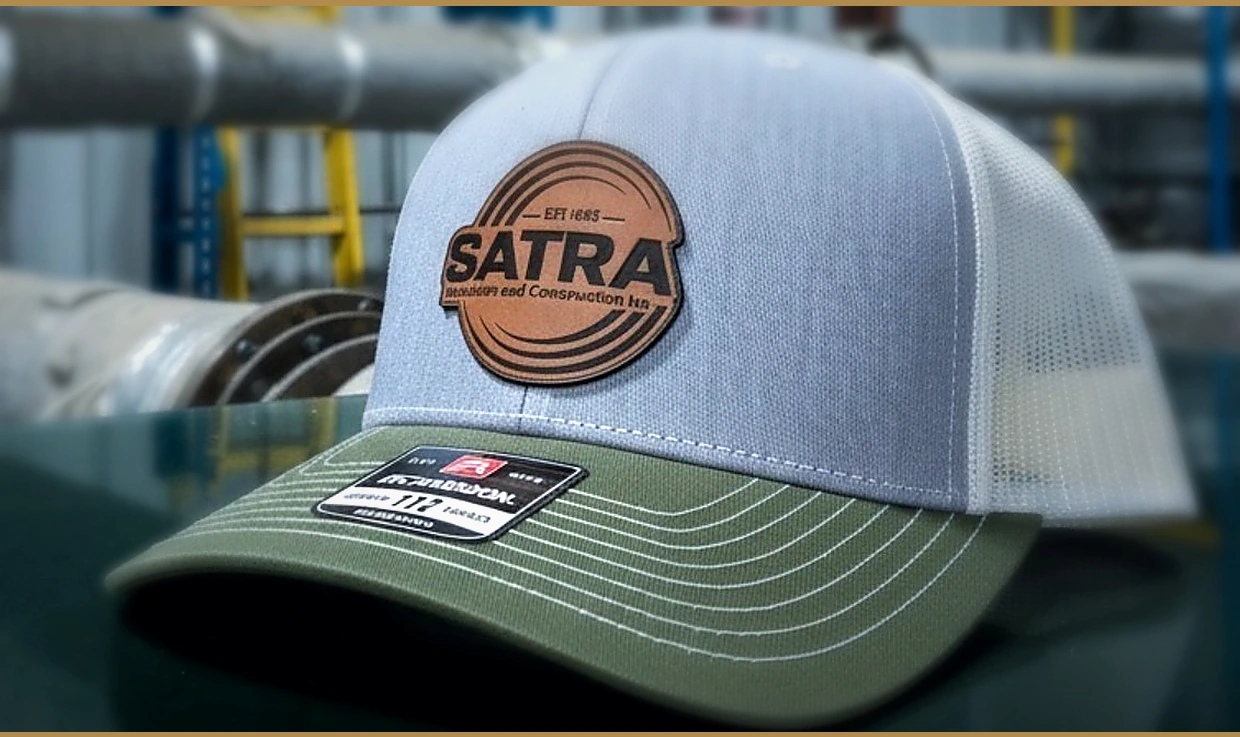 Finished custom Richardson 112 trucker hat showing SATRA laser engraved leather logo patch in an industrial setting